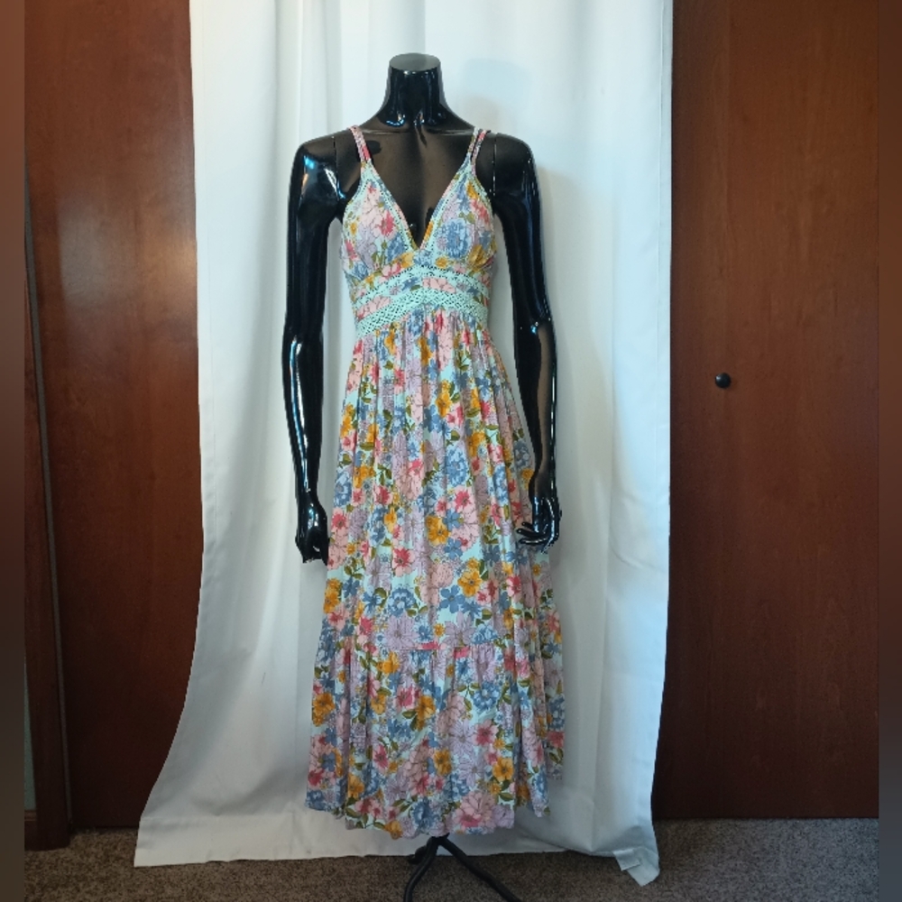 Angie Y2K Babydoll Midi Dress Small Floral Crochet Hippie Beach Festival